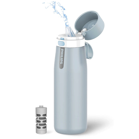 PHILIPS Filtered Water Bottle Insulated Stainless Steel Water Purifier Bottle for Daily Life & Travel BPA Free with GoZero Everyday Filter for Cleaner & Tastier Tap Water Keeps Cold 18.6 oz Blue
